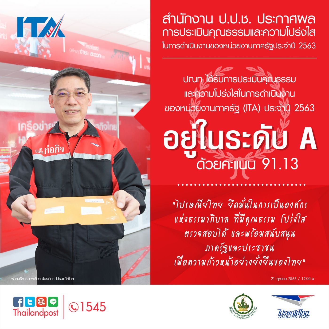ไปรษณีย์ไทยคว้ารางวัล “รัฐวิสาหกิจระดับ A” จากผลประเมินคุณธรรมและความโปร่งใส “ITA” ปี 63
