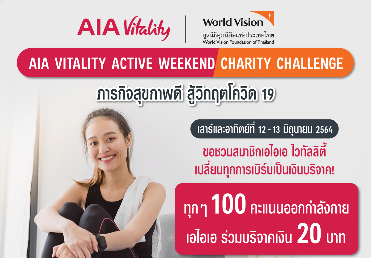เอไอเอ ประเทศไทย ร่วมกับกลุ่มบริษัทเอไอเอ จัดกิจกรรม “AIA Vitality Active Weekend Charity Challenge ภารกิจสุขภาพดี สู้วิกฤตโควิด 19” บริจาคเงินช่วยเหลือผู้ประสบภัยโควิด 19 ในประเทศไทย และอินเดีย