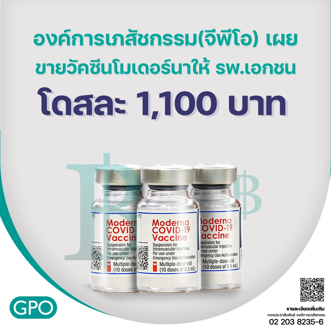 องค์การเภสัชกรรม(จีพีโอ) เผย ขายวัคซีนโมเดอร์นา ให้โรงพยาบาลเอกชน โดสละ 1,100 บาท