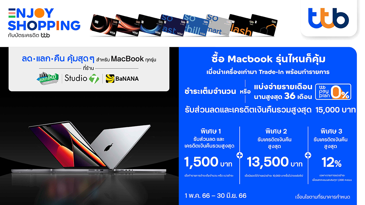 ซื้อ Macbook รุ่นไหนก็คุ้ม ด้วยบัตรเครดิตและบัตรกดเงินสด ttb รับส่วนลดและเครดิตเงินคืน รวมสูงสุด 15,000 บาท