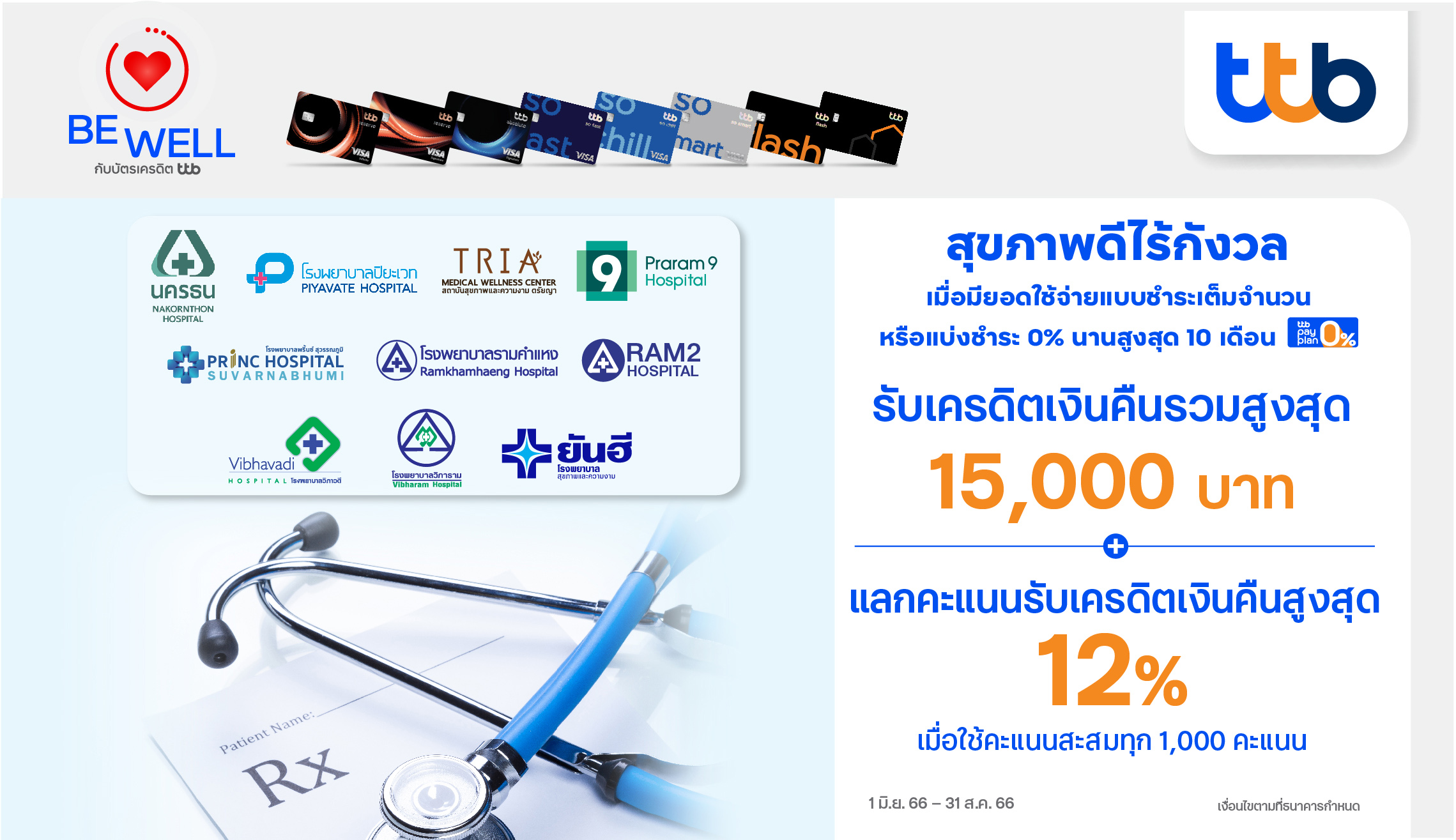 บัตรเครดิต ttb มอบสิทธิพิเศษเพื่อสุขภาพที่ดี กับโรงพยาบาลชั้นนำที่ร่วมรายการ รับเครดิตเงินคืนรวมสูงสุด 15,000 บาท และแลกคะแนนรับเครดิตเงินคืนสูงสุด 12%