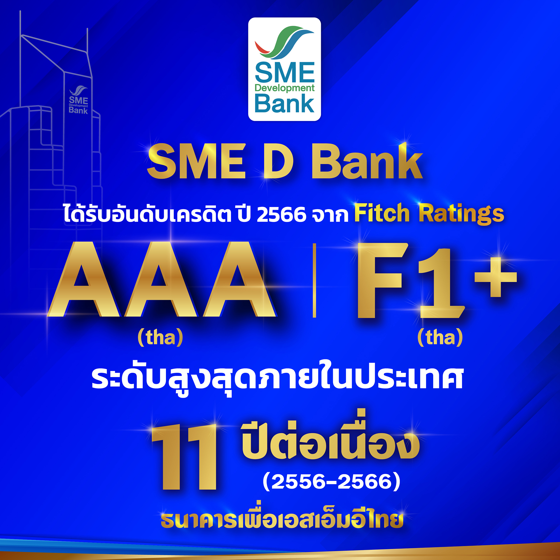 SME D Bank รับจัดอันดับ ‘ฟิทช์ เรทติ้งส์” ระดับ AAA(tha) สูงสุดในประเทศต่อเนื่อง 11 ปี จากบทบาท ‘ธนาคารเพื่อเอสเอ็มอีไทย’ กลไกสำคัญในการขับเคลื่อนเศรษฐกิจประเทศ