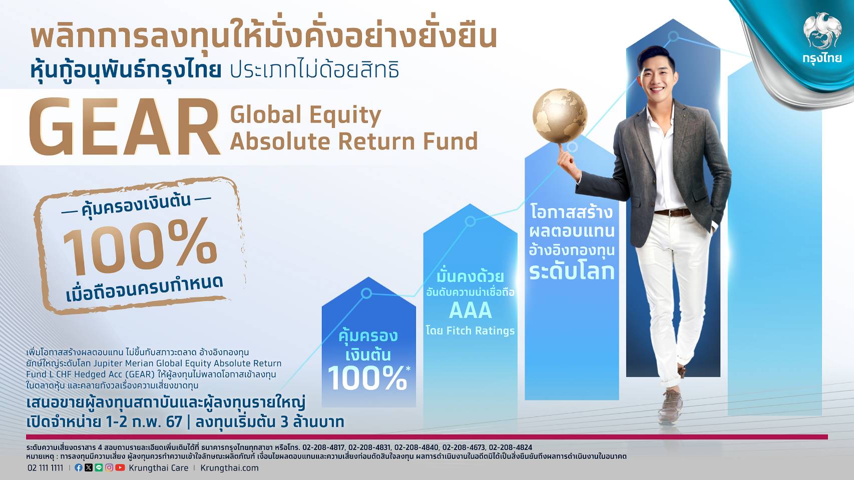 กรุงไทยเสนอขายหุ้นกู้อนุพันธ์กรุงไทย GEAR พลิกการลงทุนให้ง่ายและงอกเงย คุ้มครองเงินต้น 100% รับผลตอบแทนตามหุ้นทั่วโลก เปิดจองซื้อ1-2 ก.พ. 67