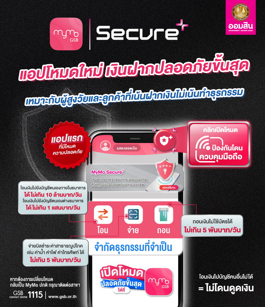 ออมสิน ชวนใช้ MyMo Secure Plus ป้องกันถูกมิจฉาชีพดูดเงินออกจากแอปเหมาะกับผู้สูงวัยและลูกค้าที่เน้นฝากเงินไม่เน้นทำธุรกรรม ให้เงินฝากปลอดภัยขั้นสุด