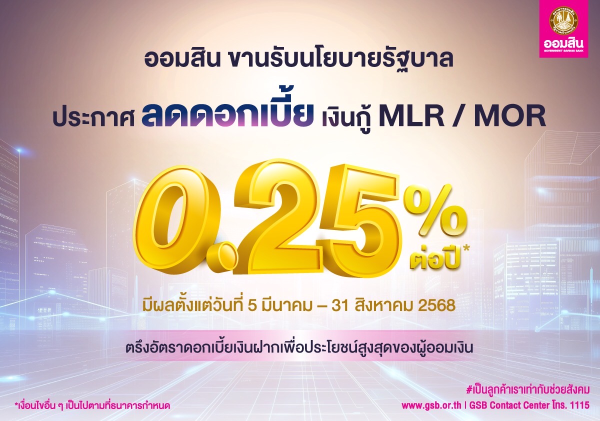 ออมสิน ประกาศลดดอกเบี้ยเงินกู้ MLR / MOR 0.25% ขานรับนโยบายรัฐช่วยภาคธุรกิจพร้อมตรึงดอกเบี้ยเงินฝากเพื่อประโยชน์สูงสุดของผู้ออมเงิน