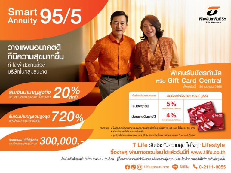 ที ไลฟ์ ประกันชีวิต เปิดตัวประกันบำนาญ Smart Annuity 95/5 บนแพลตฟอร์มออนไลน์ ตอบโจทย์การวางแผนเกษียณยุคดิจิทัล รับบัตรกำนัลเซ็นทรัล สูงสุด 5%