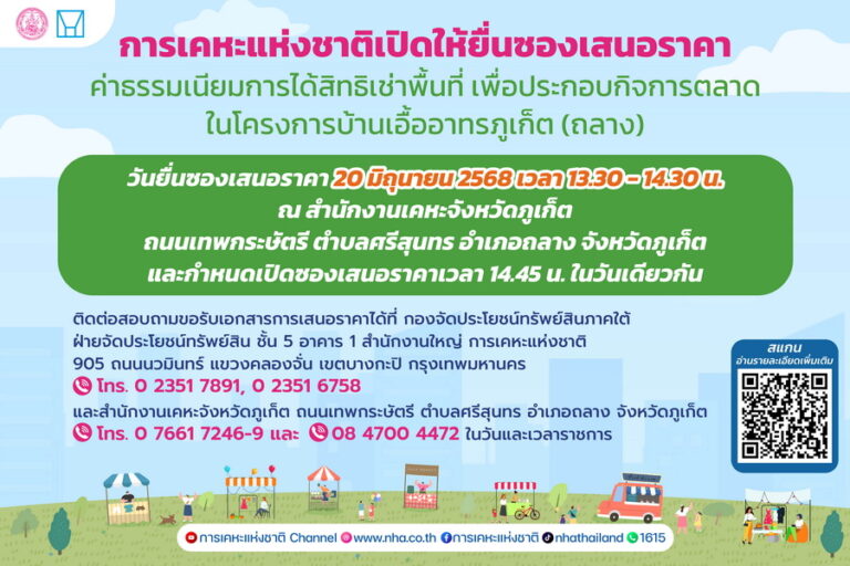 ลงทุนง่าย ทำเลดี! การเคหะแห่งชาติเปิดให้เช่าที่ดินทำตลาดใน “บ้านเอื้ออาทรภูเก็ต” 9 ปี ราคาเริ่มต้นเบาๆ