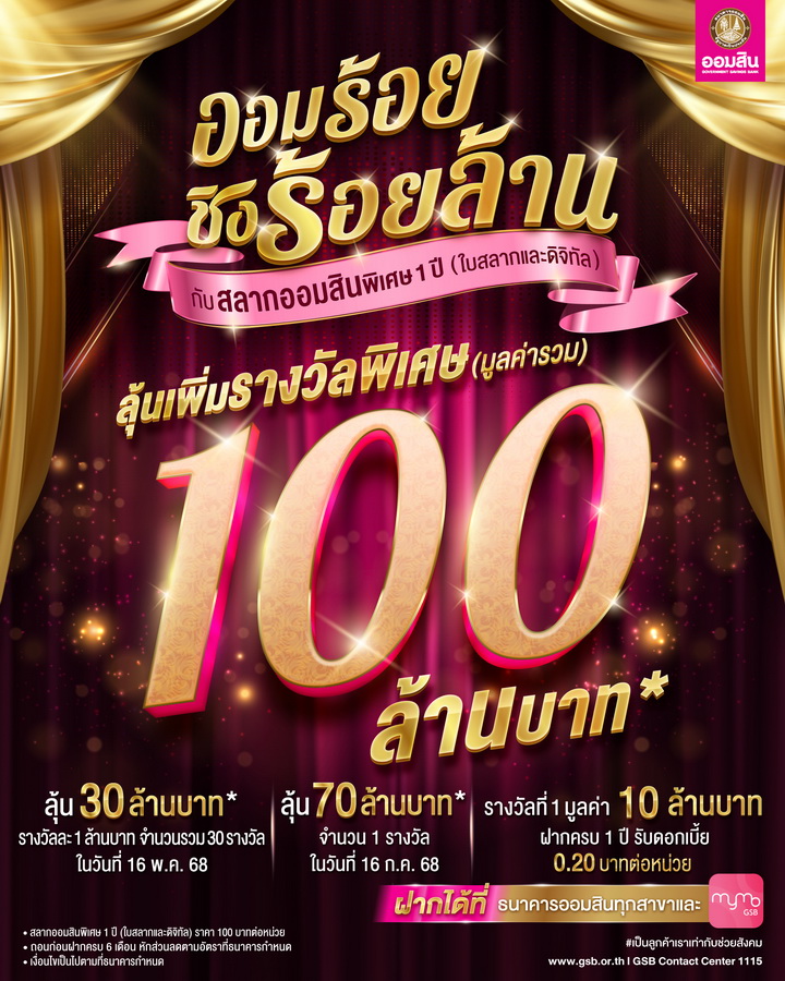 ออมสิน ร่วมฉลอง 150 ปี กระทรวงการคลัง จัดโปรแรง! เงินฝาก 150 วัน ดอกเบี้ยพิเศษเฉลี่ย 2.55% ต่อปีพร้อมสลากออมสิน “ออมร้อย ชิงร้อยล้าน” ในงาน “MOF JOURNEY” วันที่ 1-3 พ.ค.นี้ ที่ศูนย์ฯ สิริกิติ์